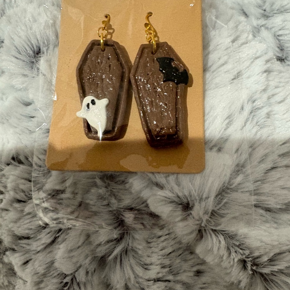 Brown Coffin Earrings with Ghost and Bat
